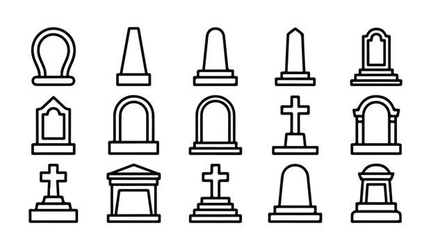 Outline vector set of cemetery tombstone and gravestone icons for memorial design projects.