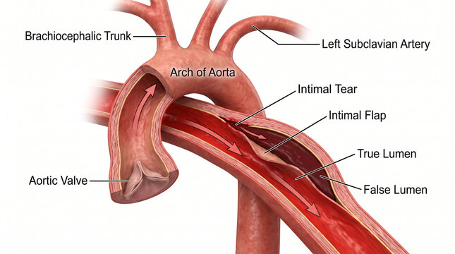 Aortic Dissection Diagram Showing Blood Vessel Intimal Tear