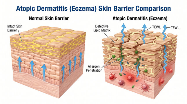 Skin barrier comparison showing normal and atopic dermatitis