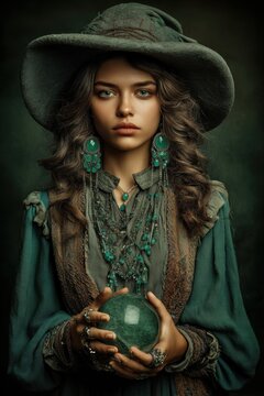 Fantasy wallpaper. A portrait of a young woman with a contemplative expression. She wears a widebrimmed hat, a green blouse with ruffled sleeves, and a layered necklace with turquoise beads.