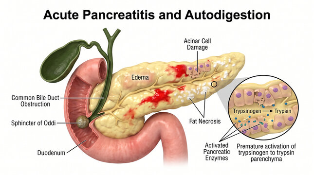 Pancreatitis medical illustration of pancreas autodigestion process