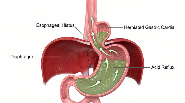 Hiatus hernia diagram showing stomach acid reflux mechanics