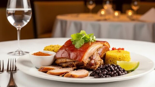 Roasted Pork Lechon Asado Platter with Yellow Rice and Black Beans Traditional Latin Caribbean Cuisine Gourmet Dinner Plate for Restaurant Menu or Food Blog