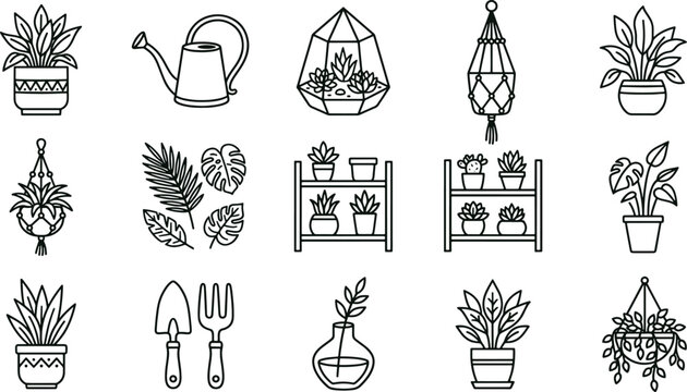 Assorted indoor house plants, hanging macrame planters, gardening tools, and shelves with pots, black and white line set isolated