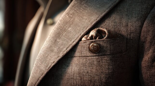 Macro shot of gray tweed suit lapel and brown button.