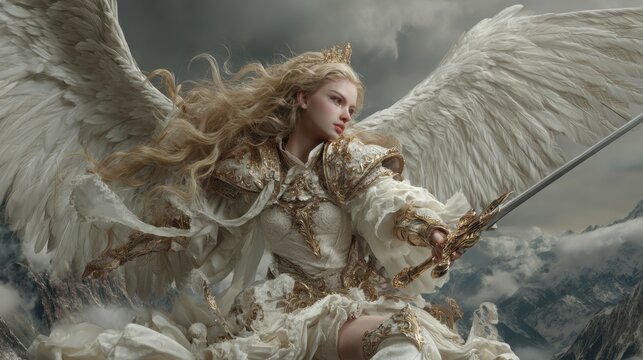 Fantasy wallpaper. A fantasythemed digital artwork depicts an angelic figure with large, white wings. The figure wears ornate, golden armor with intricate detailing and a flowing white dress.