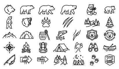 Fototapeta premium Bear and Forest Wildlife Icon Collection with Grizzly Polar Panda Paw Print and Nature Symbols Editable Vector Set