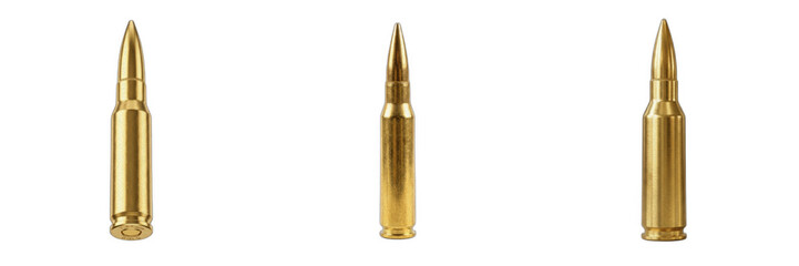 Set of three metallic brass rifle cartridges, high-power ammunition isolated on white background, professional tactical equipment, military supplies, hunting gear and shooting sports concept elements  © ploki
