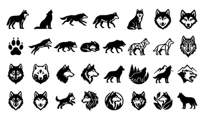 Fototapeta premium Wolf Silhouette and Wildlife Vector Icon Collection