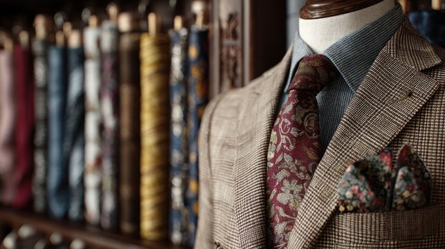 Tailored plaid suit on mannequin with floral tie in a shop.