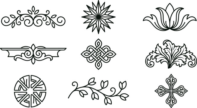 Collection of black and white decorative featuring floral dividers, starbursts, lotus motifs, knotwork, and a decorative cross