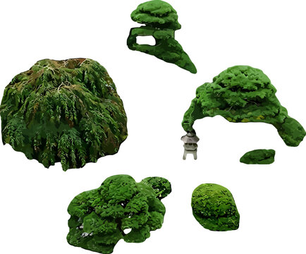 Miniature bonsai tree set with mossy rocks and stone lantern for zen garden dioramas isolated on white
