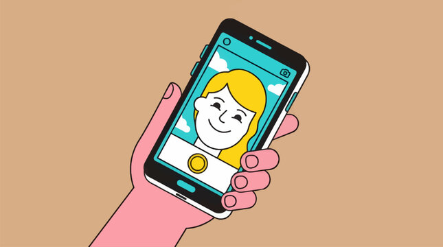 Flat Vector Illustration of a Hand Holding a Smartphone Taking a Selfie, Showing a Smiling Person's Face on Screen with Clouds and Sky Background, Simple Graphic Design with Copy Space
