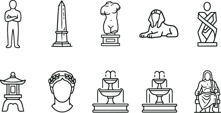 Collection of historical monument and fountain featuring human statues, sphinx, obelisk, and classical architecture in line style
