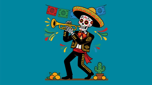 Flat Vector Illustration of a Sugar Skull Mariachi Musician Playing Trumpet with Festive Banners and Cactus, Day of the Dead Celebration