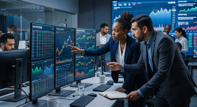 Diverse financial traders collaborating over data monitors in trading room.