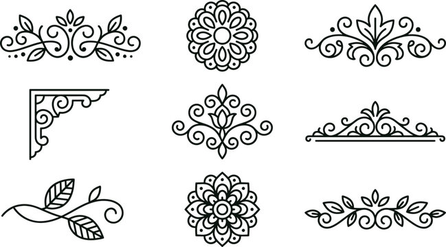 Decorative border and floral ornaments featuring scrollwork, leaves, and circular mandala patterns in a clean black line style