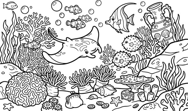 sc&egrave;ne de vie marine contour de dessin anim&eacute; dessin&eacute; &agrave; la main illustration d'art en ligne doodle art page &agrave; colorier pour les enfants