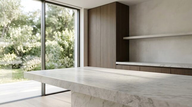 Luxury minimalist kitchen interior featuring a large white marble island, sleek wooden cabinets, and large floor-to-ceiling glass windows overlooking a lush green garden.