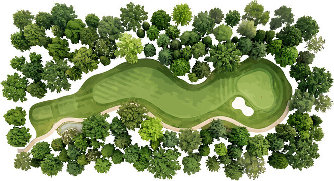 Top view of a golf course hole layout surrounded by lush green trees isolated on white background