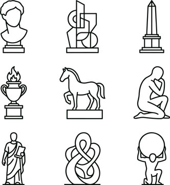 Sculptural and mythological line featuring busts, abstract shapes, obelisks, flaming urns, horses, thinkers, and atlas figures