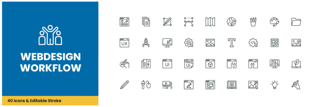 Set of 40 web design workflow line icons with editable stroke for modern digital interface design