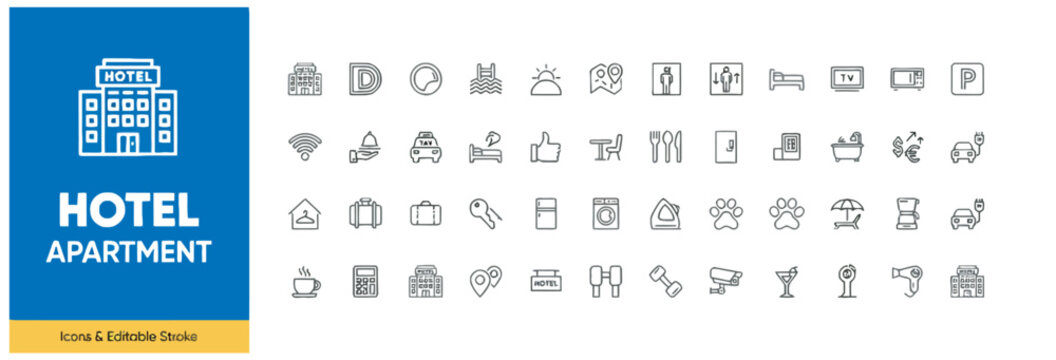 Comprehensive collection of forty hotel and apartment line icons with editable stroke for travel