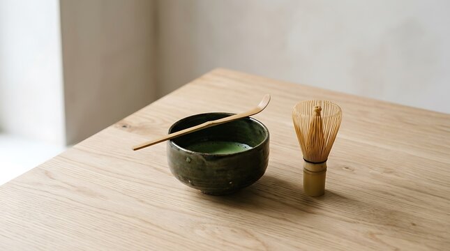 Minimalist matcha tea preparation set featuring a dark green ceramic bowl, traditional bamboo whisk, and chashaku spoon resting on a clean, light oak wooden table surface.