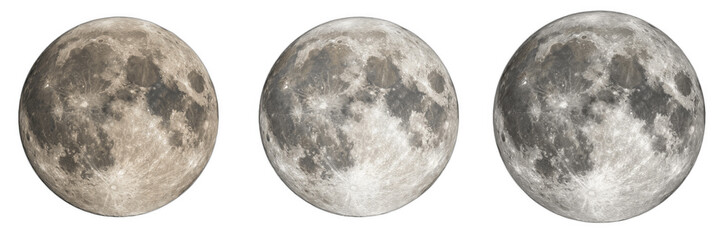Set of three detailed full moon spheres, realistic lunar surface texture and craters, isolated on white background, celestial astronomy elements for space exploration, night sky themes and sci-fi grap © ploki