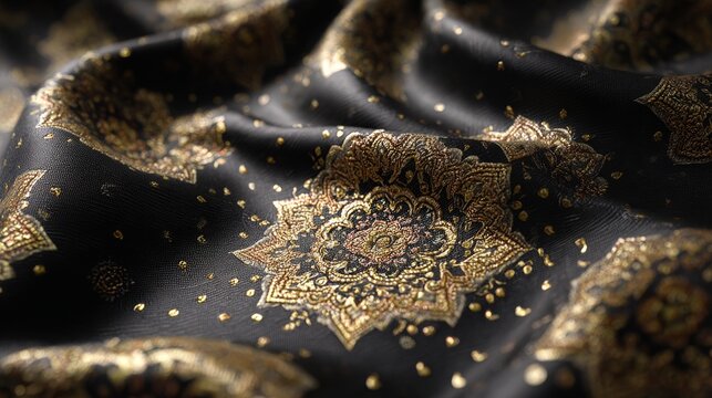Black luxury silk satin velvet background with elegant floral texture and shimmering gold thread details, sophisticated abstract fabric wallpaper for premium branding, luxury packaging, invitations, p