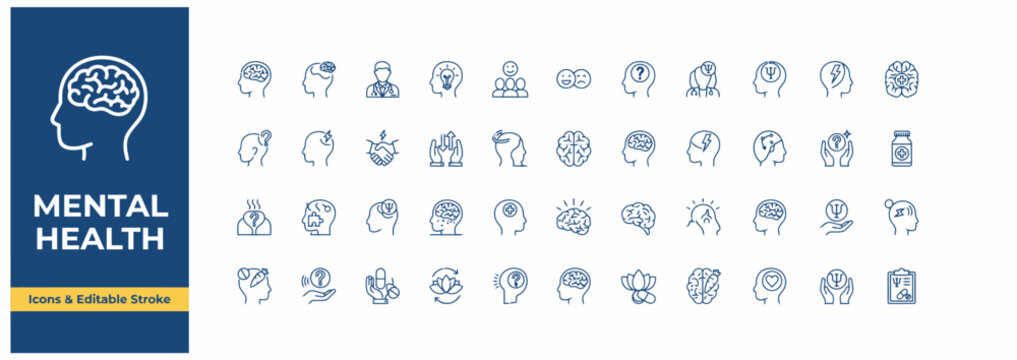 Mental health icon set with editable stroke for psychology and medical wellness design projects.