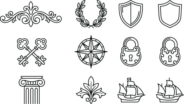 Set of black and white heraldic and nautical featuring shields, keys, compass stars, pillars, fleur de lis, and vintage sailing ships