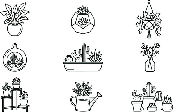 Set of black and white line featuring various indoor potted plants, succulents, cacti, hanging ivy, and gardening tools isolated