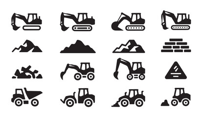 Heavy construction machinery icon set, excavator, dump truck, loader, industrial equipment. © parul