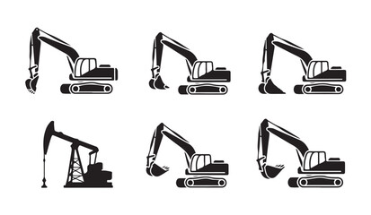 Set of black excavator icons for heavy construction equipment industry site map graphic. © parul