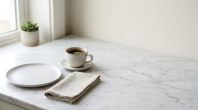 Minimalist breakfast setting with a cup of black coffee, empty white ceramic plate, and folded linen napkin on a bright marble countertop next to a window.