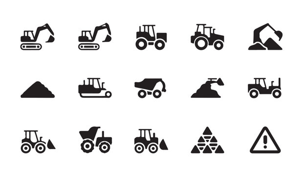 Set of construction vehicles and heavy equipment icons for industrial site mapping tasks.