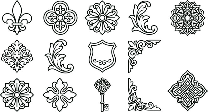 Set of black and white ornamental featuring fleur de lis, floral mandalas, corner flourishes, heraldic shields, and vintage keys