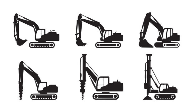Heavy construction excavator machinery icons for site development and drilling projects.