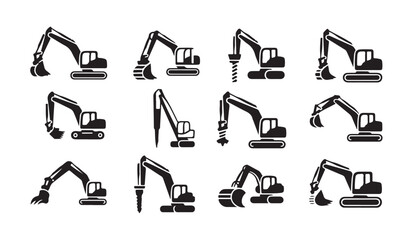 Set of black excavator icons featuring various construction machinery in different poses. © parul