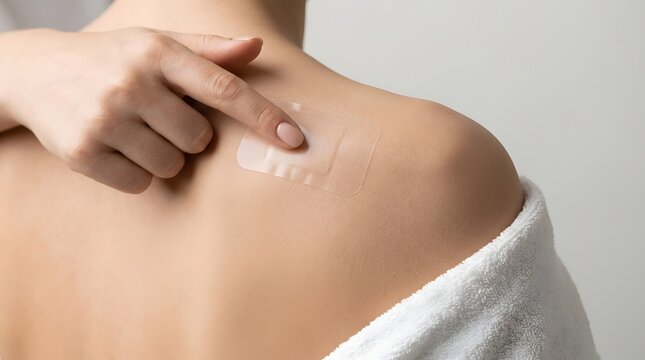 Close up of woman hand applying medical transdermal nicotine patch on her shoulder skin at home