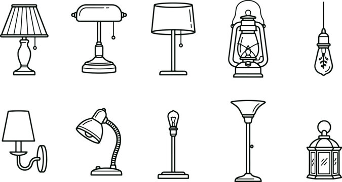 Set of diverse lighting fixtures featuring table lamps, wall sconces, hanging bulbs, and lanterns in a simple black and white line style
