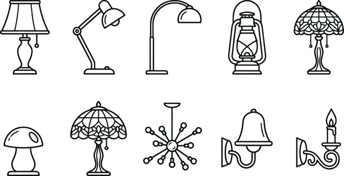 Set of diverse lighting fixtures including desk lamps, wall sconces, ceiling lights, and lanterns in black and white line style
