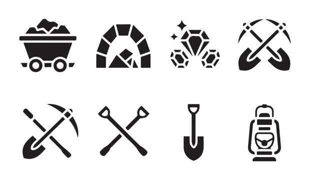 Mining equipment and tools vector icons for industry and excavation.