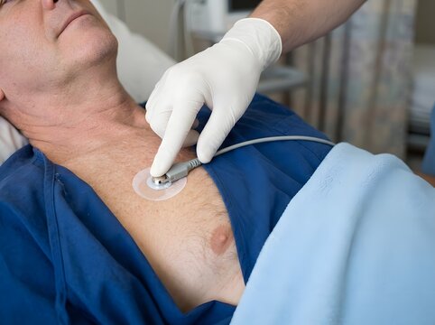 Medical worker placing ECG electrode sensor patch on male patient chest for heart checkup at hospital