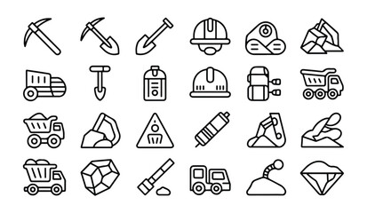 Mining equipment icons collection hard hat pickaxe shovel truck cart. © parul