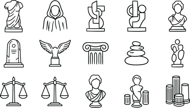 Set of symbolic and sculptural featuring busts, columns, scales of justice, and abstract figures in a clean black line style