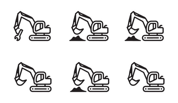 Excavator digging ground with bucket Construction machinery line art icon set.