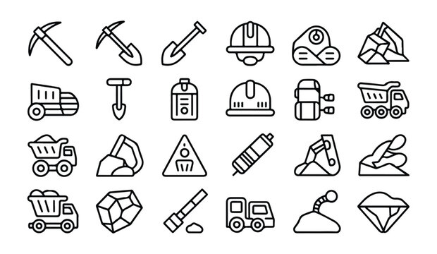 Mining equipment icons collection hard hat pickaxe shovel truck cart.