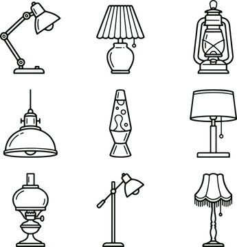 Set of various household lighting featuring desk lamps, lava lamps, hanging pendants, and lanterns in a clean black line